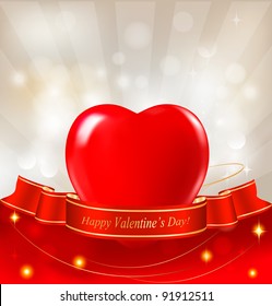 Valentine`s day background. Red heart hanging on ribbon. Vector illustration.