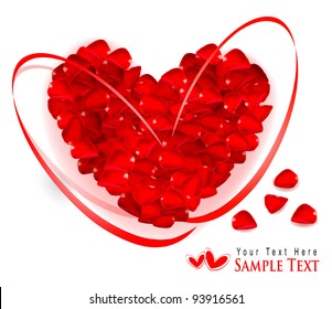 Valentine`s day background. Red heart made of rose petals with gift red ribbons. Vector illustration
