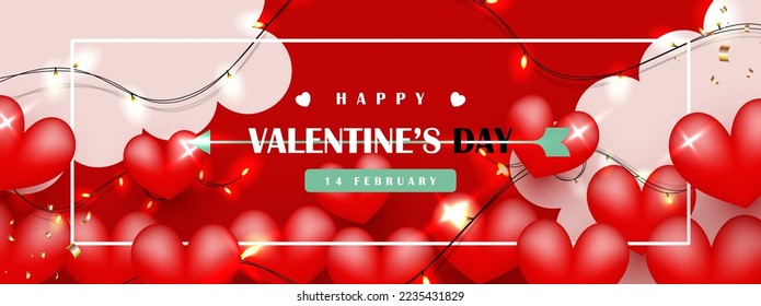 Valentine's day background. Red hearts balloons with lights shine for Happy Valentine's day 14 February. Love banner, frame, poster, and backdrop. Vector illustration.