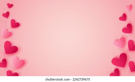 Valentine's day background. Red hearts on pink background. Paper cut style