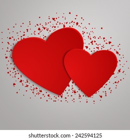 Valentines Day background with red hearts on grey paper background