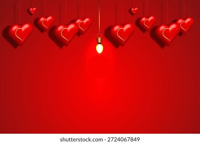 Fondo del día de San Valentín con corazones rojos 3d y bombilla. área de espacio de copia