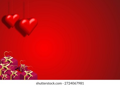 Valentinstag Hintergrund mit roten Herzen 3D und Geschenkboxen. Vektorgrafik. Kopienraum