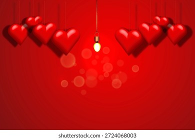 Fondo del día de San Valentín con corazones rojos 3d y bombilla. área de espacio de copia
