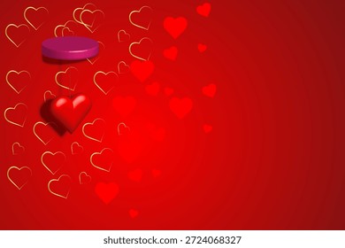 Fondo del día de San Valentín con corazones rojos 3d y podio. Ilustración vectorial. área de espacio de copia