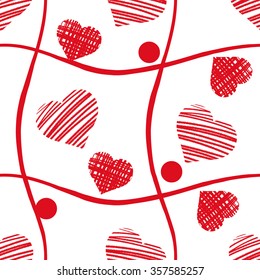  Valentine's Day  Background of Red Hearts. Hand drawn . Seamless pattern.