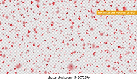Valentines Day background of red hearts petals falling. Symbol of love for the label gift packages. Flower petal in shape of heart confetti. Decor element for greeting cards. Transparent vector effect