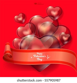 Valentine's Day background. Red hearts with ribbon. Vector Eps 10.