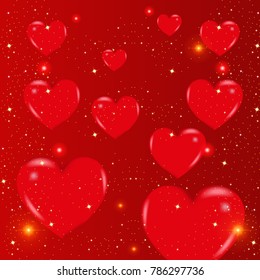 With Valentine's day background of red hearts and gold glitter. Vector template for greeting card, banner.
