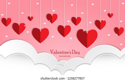 Valentine's Day background with red paper hearts cut hanging on pink sky and white cloud background. Concept of love and valentine day, paper art style.