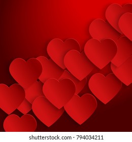 Valentines Day Background with red paper hearts on red background 3d. Vector design for your cards, flyers, brochures, posters, banners, invitation cards etc. Vector holiday design