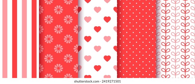 Valentine's day background. Red pattern. Seamless cute prints with hearts, stripes, flowers and dots. Set romantic textures. Love wrapping papers. Collection table cloth backdrops. Vector illustration