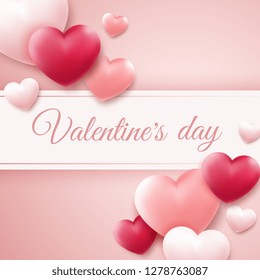 Valentines Day background with red, pink hearts and place for text. Holiday card illustration on light background