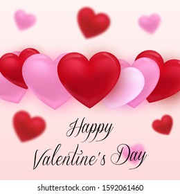 Valentine's day background with red and pink hearts with greeting text happy Valentines day. Vector Illustration.