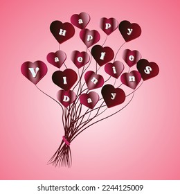 Antecedentes del día de San Valentín con corazones rojos y rosados como globos de fondo rosado, tumbas planas.