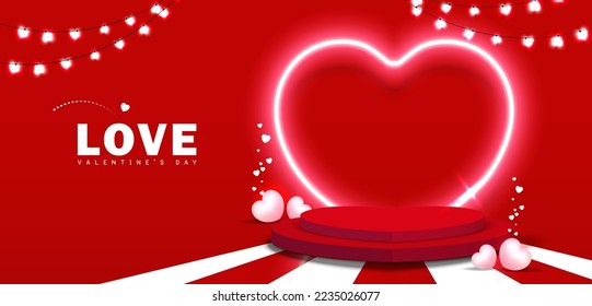 Valentine's day background Red podium for product display decor heart neon light and elements for festive. Product stand. Love. Vector illustration.