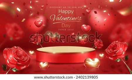 Valentine's Day background with red podium and 3D realistic cute hearts covered in chocolate and decorated with roses and gold ribbons. Vector illustration.