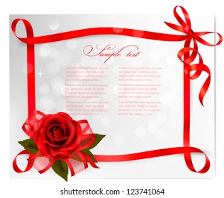 Valentine`s day background. Red rose with gift red bow. Vector illustration.