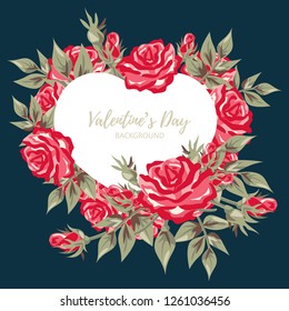 Valentines Day background of red rose branches around heart frame with copy space. Concept of love and Valentines day. Vector illustration.