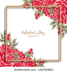 Valentine's day background of red rose flower branches with gold frame on white background for your copy space. Concept of love. Vector illustration.