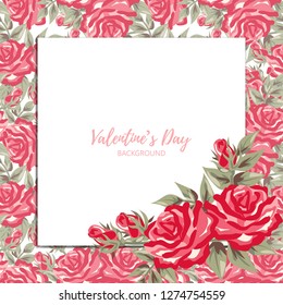 Valentine's day background of red rose flowers branches with white square frame for your copy space. Design for love and Valentines Day concept banner. Vector illustration.