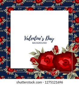 Valentine's day background of red rose flowers branches frame with Be mine Valentine text and white frame for your copy space. Concept of love and Valentines day banner. Vector illustration.