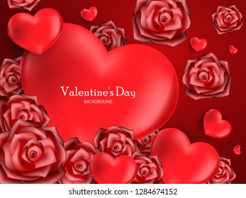 Valentine's Day background of red rose flowers and red hearts for your copy space on red background. ​Valentines day concept for background, advertising and promotion. Vector illustration.