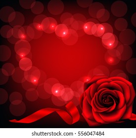 Valentine's Day background with red rose, ribbon and heart shape. Vector illustration