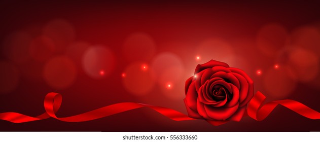 Valentine's Day background with red rose and ribbon. Vector illustration