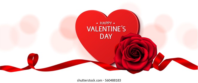 Valentine's Day background with red rose, ribbon and gift. Vector illustration