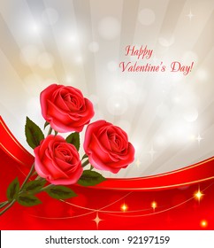 Valentine`s day background. Red rose with gift red ribbons. Vector illustration.