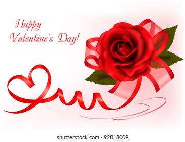 Valentine`s day background. Red rose with gift red bow. Vector illustration.