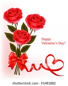 Valentine`s day background. Red roses and gift red bow. Vector illustration.