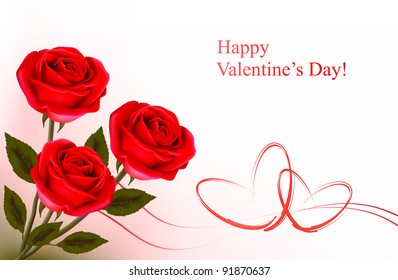 Valentine`s day background. Red roses and gift red bow. Vector illustration.