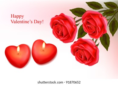 Valentine`s day background. Red roses and two heart candles. Vector.