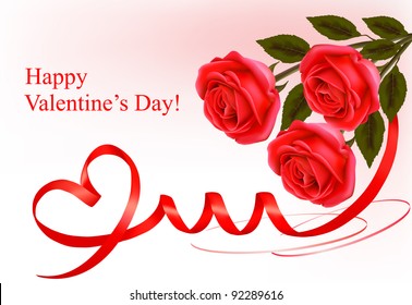 Valentine`s day background. Red roses with gift red bow. Vector illustration.