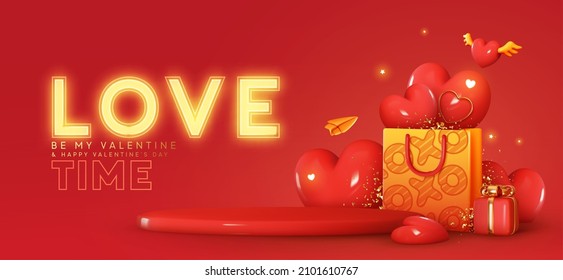 Valentines Day background. Red round podium, stage studio for product promo. Realistic 3d design red gift box, shopping bag. Letter love gold neon lights text. Creative romantic marketing concept