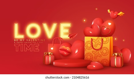 Valentines Day background. Red round podium, stage studio for product promo. Realistic 3d design red gift box, shopping bag. Letter love gold neon lights text. Creative romantic marketing concept