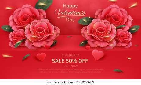 Valentines Day Background, Red Shelves with realistic rose element and green leaf with golden ribbon, glitter light effect. banner template sale 50% off. 3d luxury style. Vector illustration.