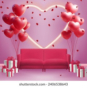 Valentine's day background with red sofa, gift boxes and heart-shaped balloons