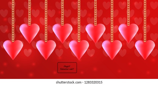 Valentine's Day background with red volume hearts hanging