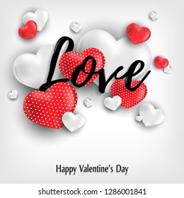 Valentine's day background of red and white hearts around Love text on white background with Happy Valentine's day text. Valentine's day concept for background, advertising and promotion.