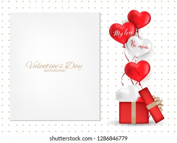 Valentine's day background of red and white hearts shape balloons with My love text and Be mine text floating from red gift box with gold ribbon and white frame with your copy space.