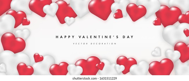 Valentines day background with red and white realistic hearts. Happy Valentine's Day text in middle. Vector illustration