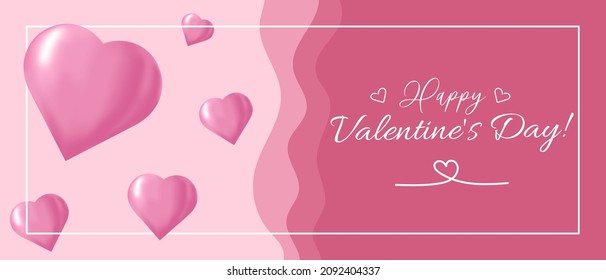 Valentine's Day background. Romance banner in pink colors with the effect of paper layers. Horizontal card with pink volumetric hearts. Background for February 14.