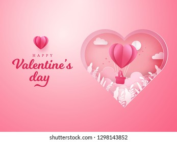 Valentine's Day background. romantic couple kissing and standing inside a basket of an air balloon with carved heart background. paper cut style vector illustration