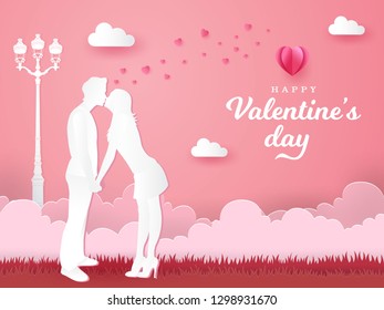 Valentine's Day background. romantic couple kissing and holding hands on pink background. paper cut style vector illustration