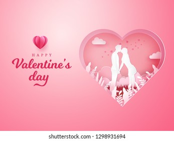 Valentine's Day background. romantic couple kissing and holding hands with carved heart background. paper cut style vector illustration