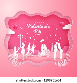 Valentine's Day background with romantic couples in love on pink background. paper cut style vector illustration