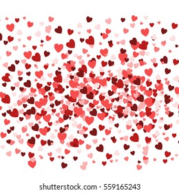 Valentine's day background, romantic texture. Hearts flying confetti backdrop. Vector illustration